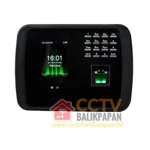 Access control device with fingerprint scanner and keypad for security.