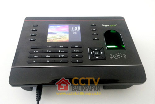 Access control device with fingerprint scanner and keypad for security.