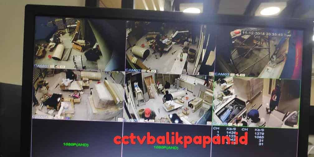 CCTV monitor showing multiple camera feeds with a "CCTV Balikpapan" watermark.