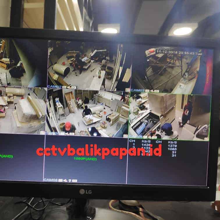 CCTV monitor showing multiple camera feeds with a "CCTV Balikpapan" watermark.