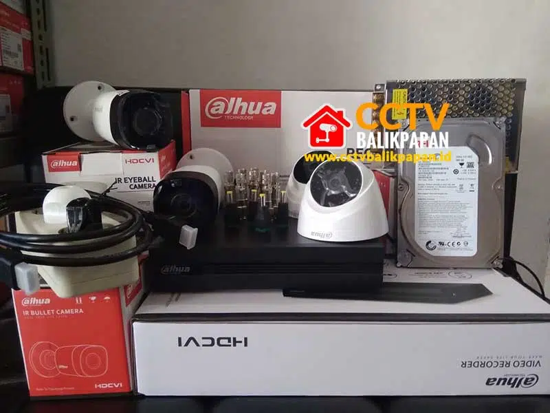 CCTV security camera setup with 4 Dahua 5MP cameras for surveillance in Balikpapan.