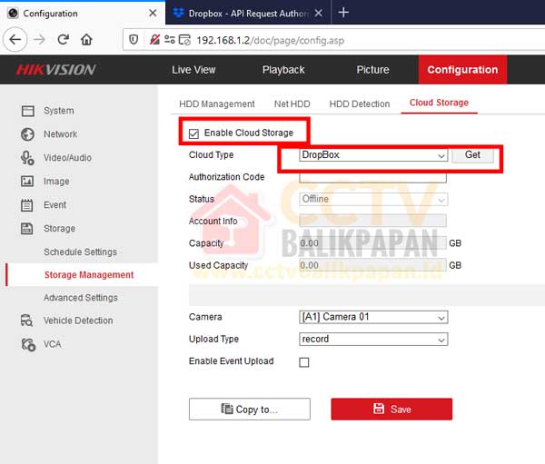Hikvision CCTV backup Hikvision menggunakan Cloud DropBox untuk penyimpanan aman dan mudah diakses.