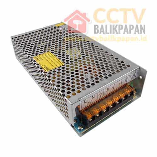 Metal power supply unit for CCTV cameras with terminal connections, used in security systems.